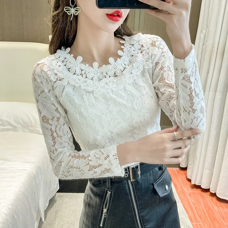 

Lace Shirt Women's Long Sleeve Inner Bottoming Shirt Design Petal Collar off-Shoulder Top