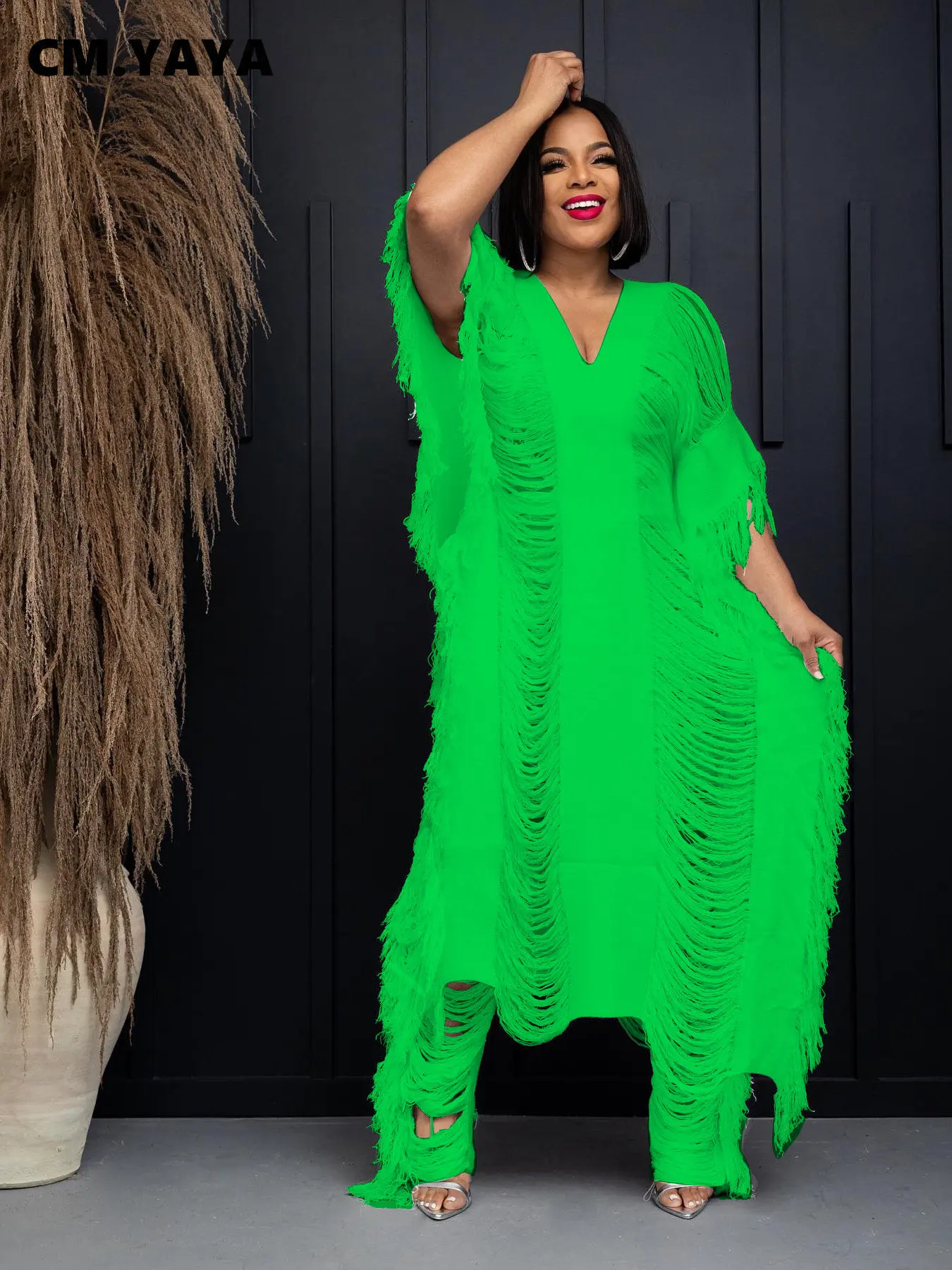 

Dress and Pants 2023 Summer Two 2 Piece Set Outfits Tracksuit CM.YAYA Knit Ribbed Hollow Out Tassel Side Women's Set V-neck Maxi