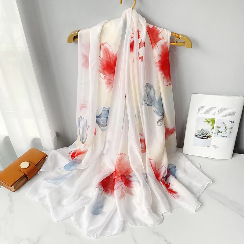 

Elegant Floral Silk Scarf Shawl Women Spring Summer Thin Skin Wraps Pashmina Beach Stoles Bufanda Female Large Foulard Hijab
