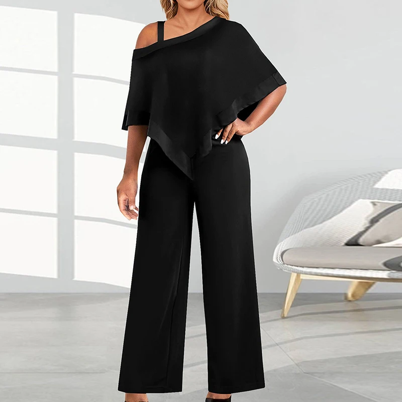 

Spring Sexy Skew Collar Hollow Straight Jumpsuit Women One Shoulder Batwing Sleeve Rompers Summer Straps Ruffle Playsuit Ovealls