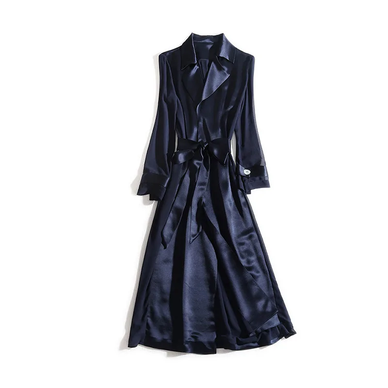 

Trench 2023 New Medium Long Autumn Thin Organza Sleeve Acetate Coat Drop Feeling Satin Luster Female