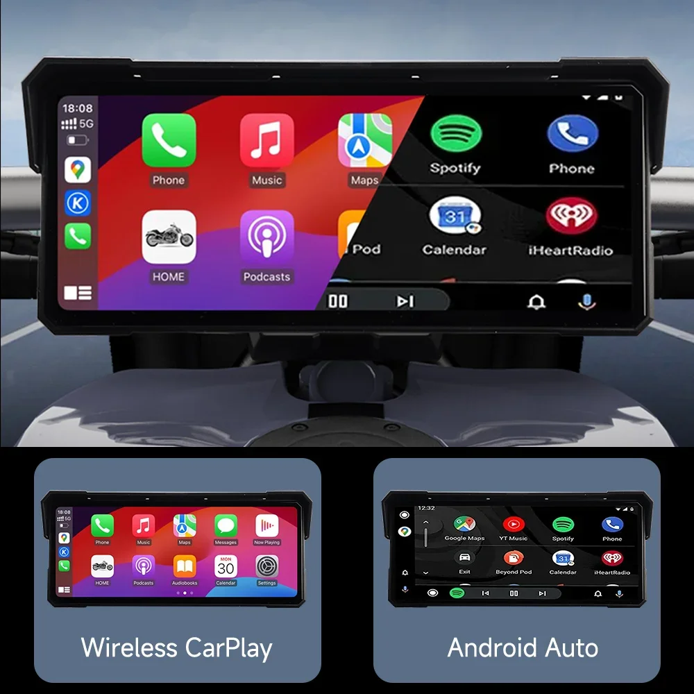 Фото 8,1-дюймовый навигационный экран для мотоцикла, беспроводной CarPlay Android Auto 2K HD IPX8, водонепроницаемый мультимедийный плеер, рекордер, Bluetooth №4