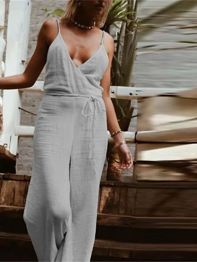 

Women's Jumpsuit Backless Lace up Solid Color V Neck Casual Home Casual Regular Fit Sleeveless Blue White Gray S M L Spring
