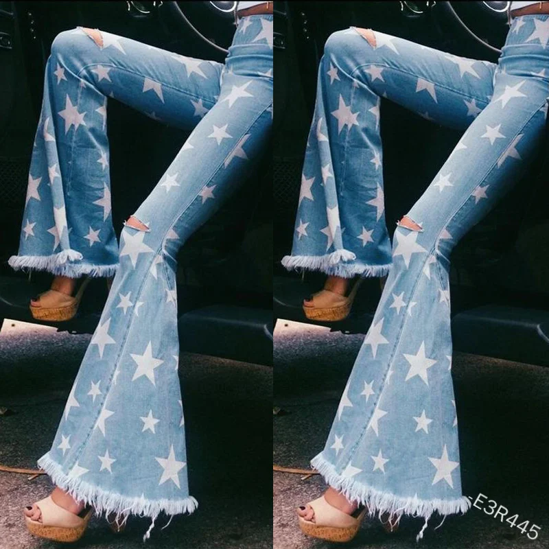 

Women's Star Print Sexy Summer Ripped Fringed Jeans 2021 Summer Plus Size High Waist Slim Elegant Flared Jeans Harajuku Pants