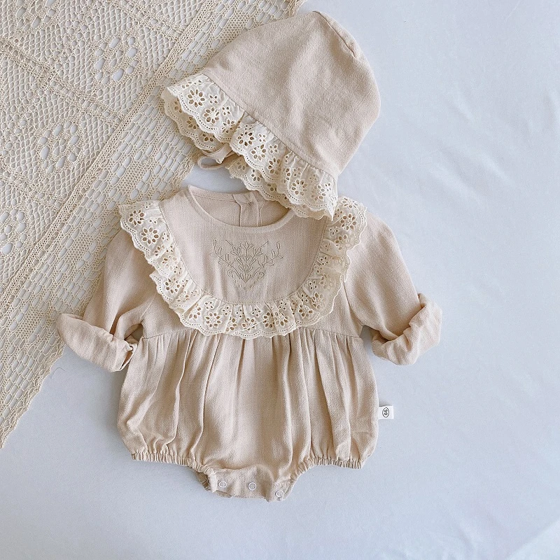 

Vintage Newborn baby girl clothing Cotton Spring solid color baby suit 2 piece set with hat princess Lace baby jumpsuit