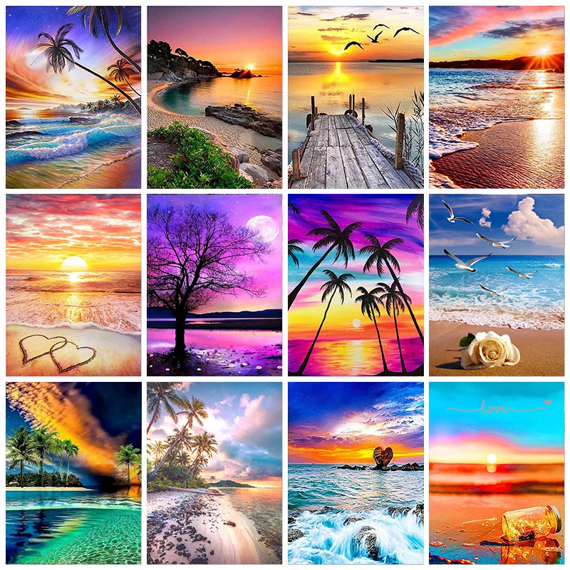 

SIYU Diamond Rhinestones Paintings Seaside Diamond Mosaic Sunset Embroidery Landscape Handicraft Home Decor