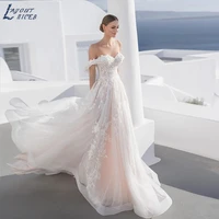 layout niceb light champagne off the shoulder wedding dress sweetheart neck a line floor length lace appliques bridal gowns