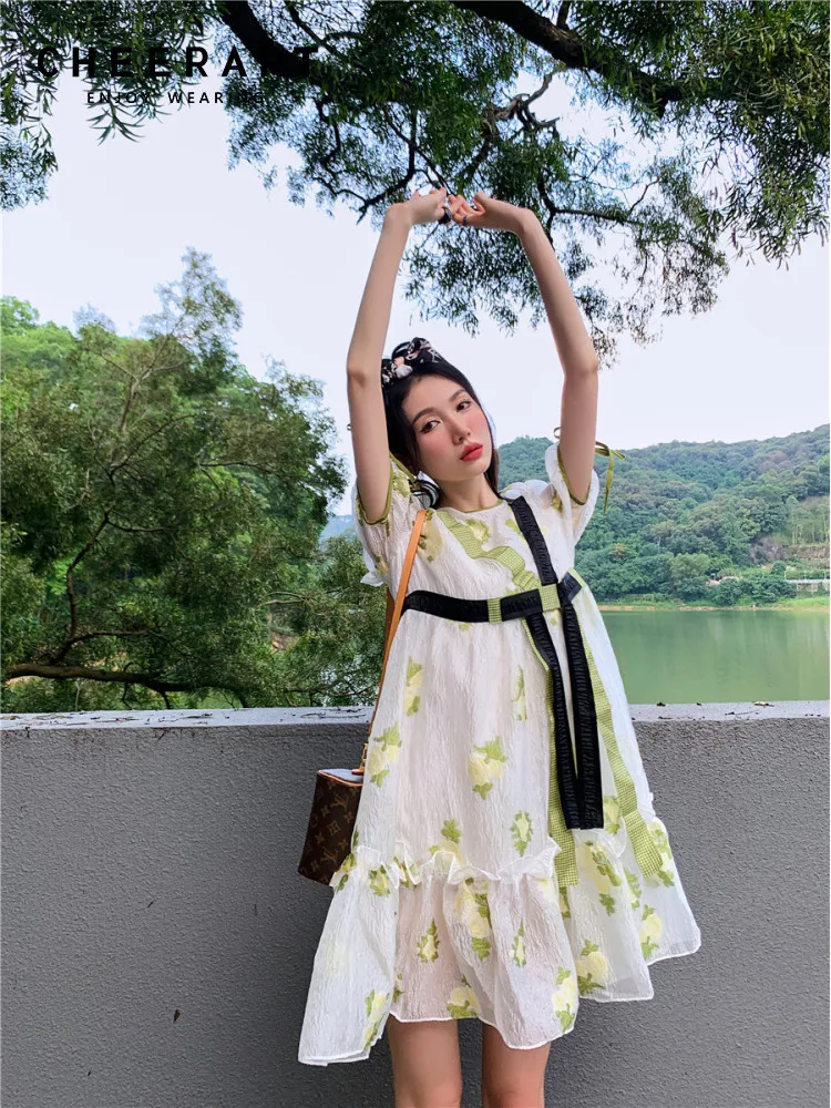 

CHEERART Organza Puff Sleeve Floral Summer Fairy Dress For Women 2022 Cute See Through Ruffle Tulle Dress Korean Fashion