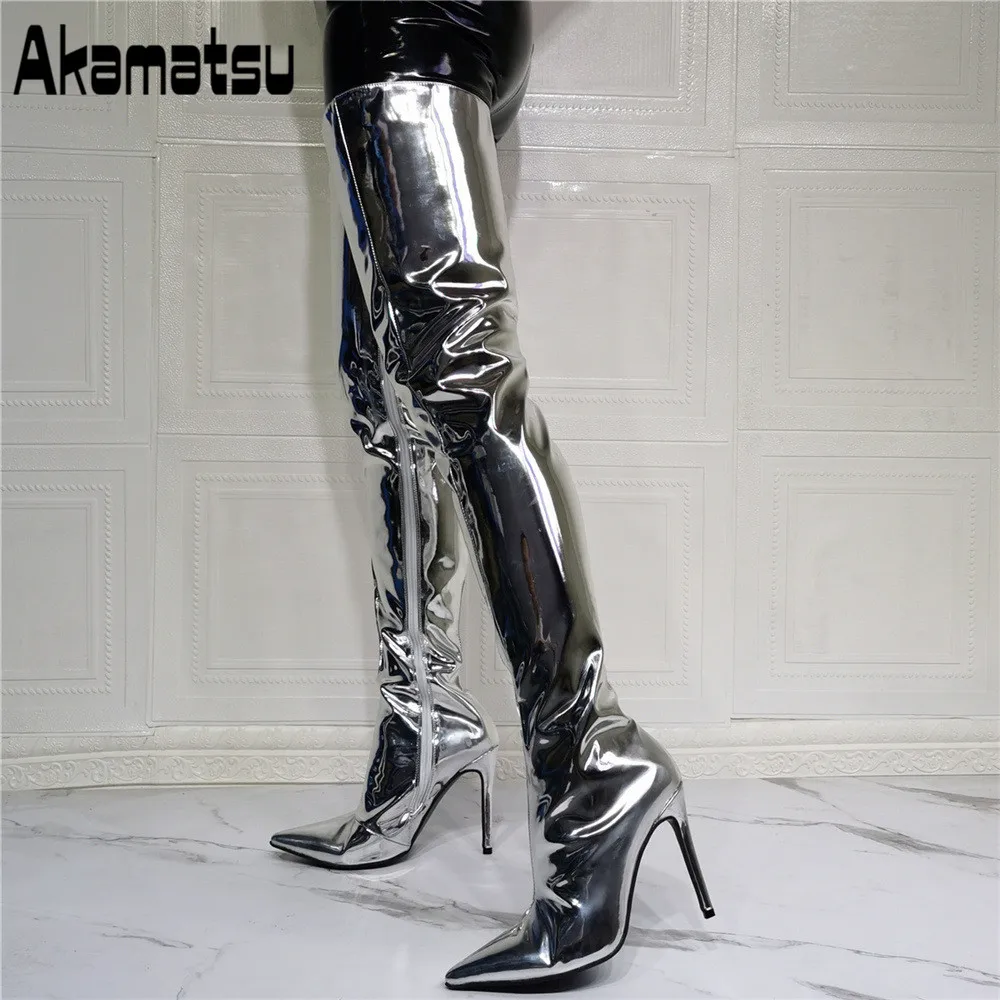 Sexy Silver Patent Leather Over The Knee Boots Pointed Toe High Heels Fashion Women Zip Shoes Winter Long Boots Thigh Boots