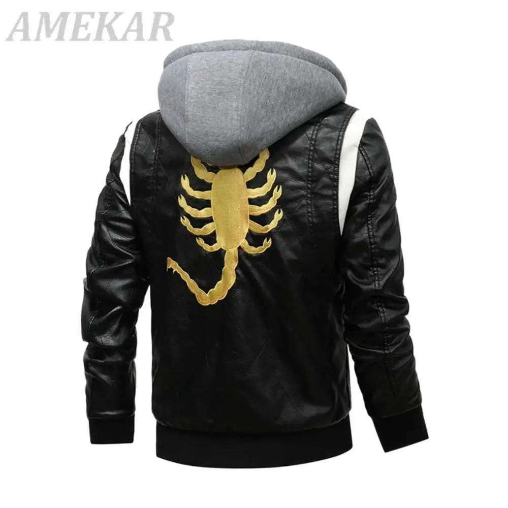 2022 New Autumn Leather Men's Jacket Removable Hoodied Scorpion Embroidery Motorcycle Jacket Men Slim Fit Leather Mens Jackets