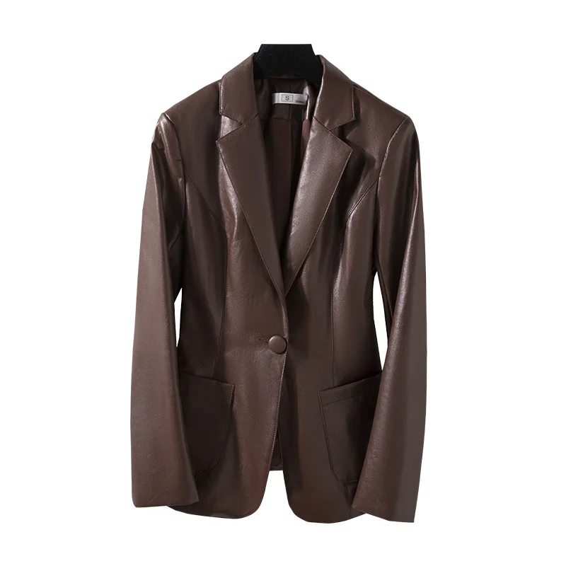 Coffee Color Leather Coat Skinny Suit Coat Women 2022 Autumn Korean Fashion Short Suit Coat Women Office Elegant Lady Suits