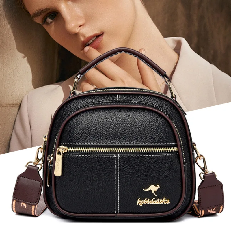 Сумка из натуральной кожи вместительная трехслойная сумка через плечо простая