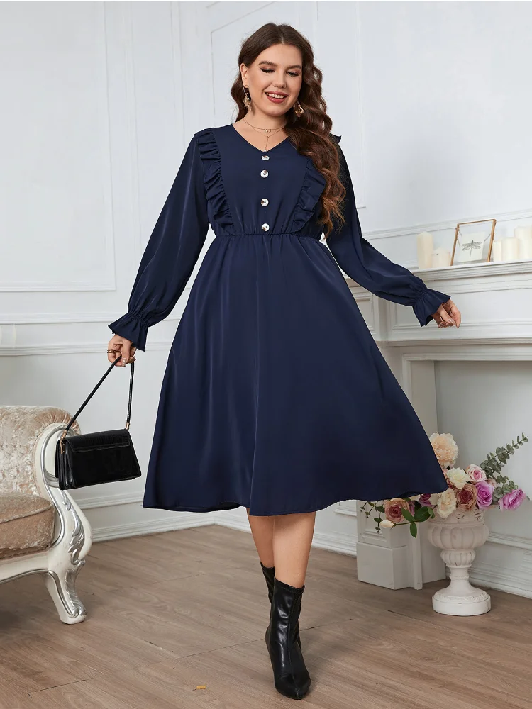 Solid color minimalist style buttons, lace sleeves, V-neck queen dress vestidos de festa plus size casamento  party dresses