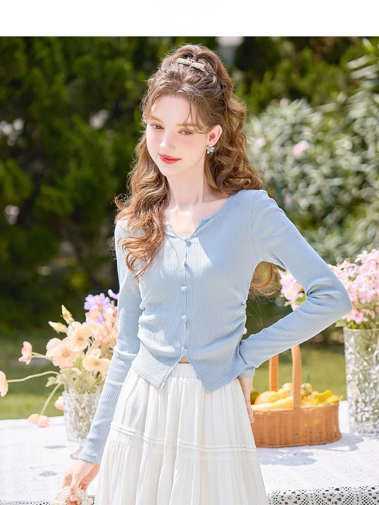 Ge Yi Ni 2024 осенне-зимняя новая женская милая синяя облегающая рубашка с небольшим