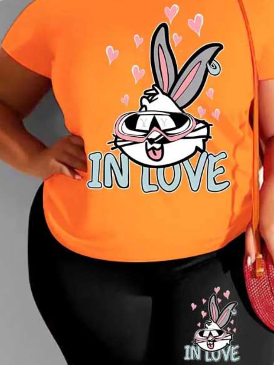 LW BASICS Plus Size Cartoon Letter Print Shorts Set Casual T-Shirt Y2k Graphics Top Shorts Set Femme Short Sleeve Two Pieces Set