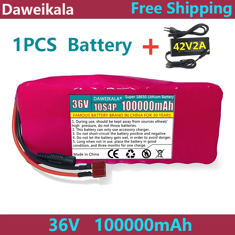 

New 36V 10S4P 100Ah Battery Pack 1000W High Power Battery 100000mAh 42V2A Ebike Electric Bike BMS+42V2A Charger Free Shipping