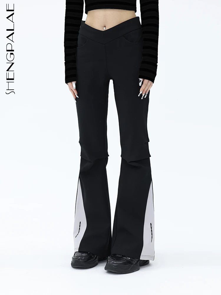 

SHENGPALAE, черные Стрейчевые брюки с v-образным вырезом, цветные контрастные расклешенные брюки, универсальные уличные брюки для женщин Y2k, одежда 2023, новый тренд R787