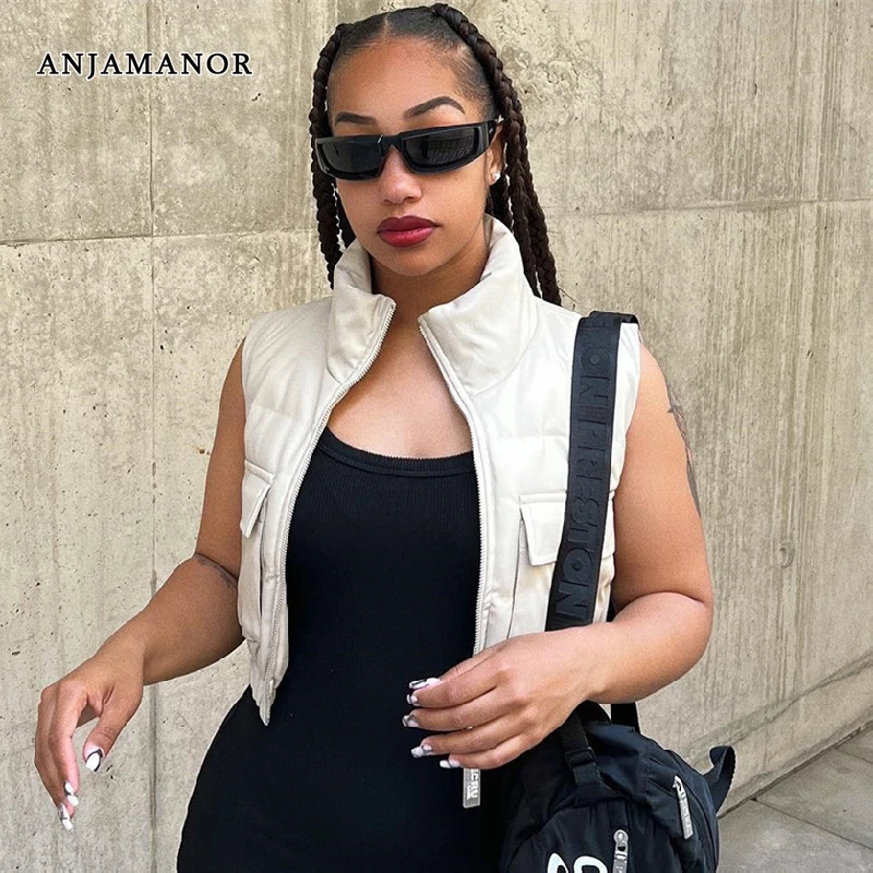 

ANJAMANOR PU Leather Zip Up Cropped Puffer Jackets for Women 2023 Autumn Winter Clothes Cargo Vest Bubble Coat D82-DI33