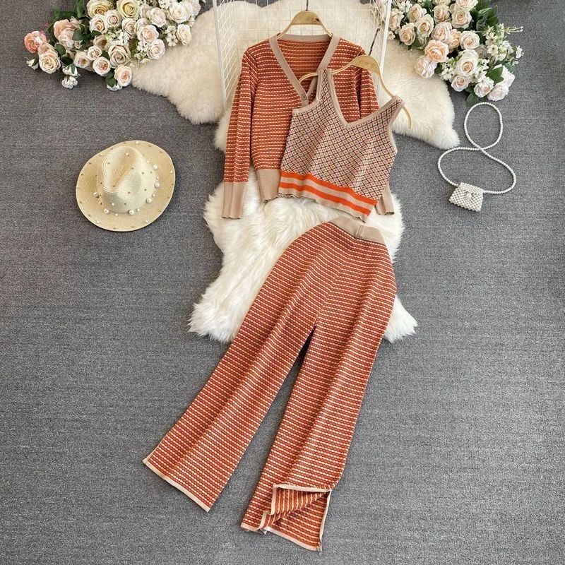 Женский трикотажный костюм-тройка в полоску элегантный свитер кардиган топ