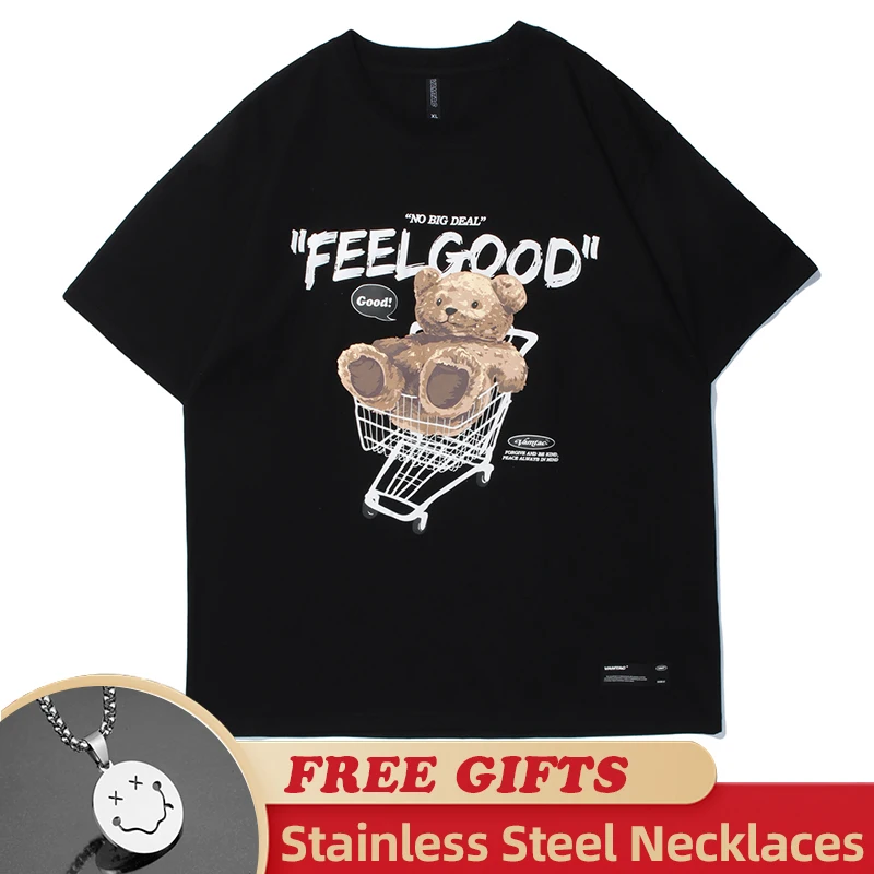

2023 New Short Sleeve Tees Harajuku Streetwear Toy Bear Shopping Cart Print T-Shirts Cotton Casual Hip Hop Loose Tshirts Tops