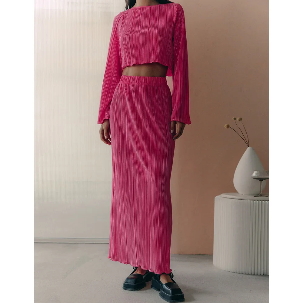 

Women Pleated Long Tops and Half Skirt Set Summer 2023 Causal Sexy Ruffled Crop Tops Loose High Waist Women's Suit