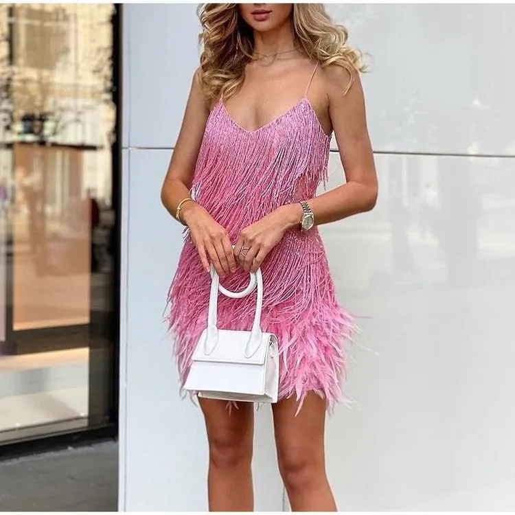 

Winter 2023 Cuff Fashion Fringe Sequin Multicolor Birthday Party Group Sexy V-neck Halter Feather Patchwork Dress