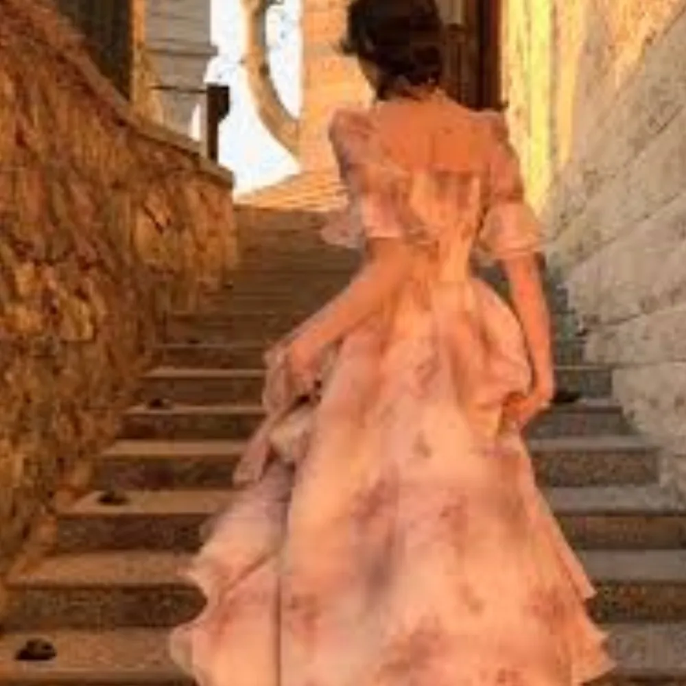 

Sapmae Scalloped Neckline Half Sleeve Zipper Up A-line Ruffle Pink Elegant For Women Cocktail Prom Evenning Formal Party Dress