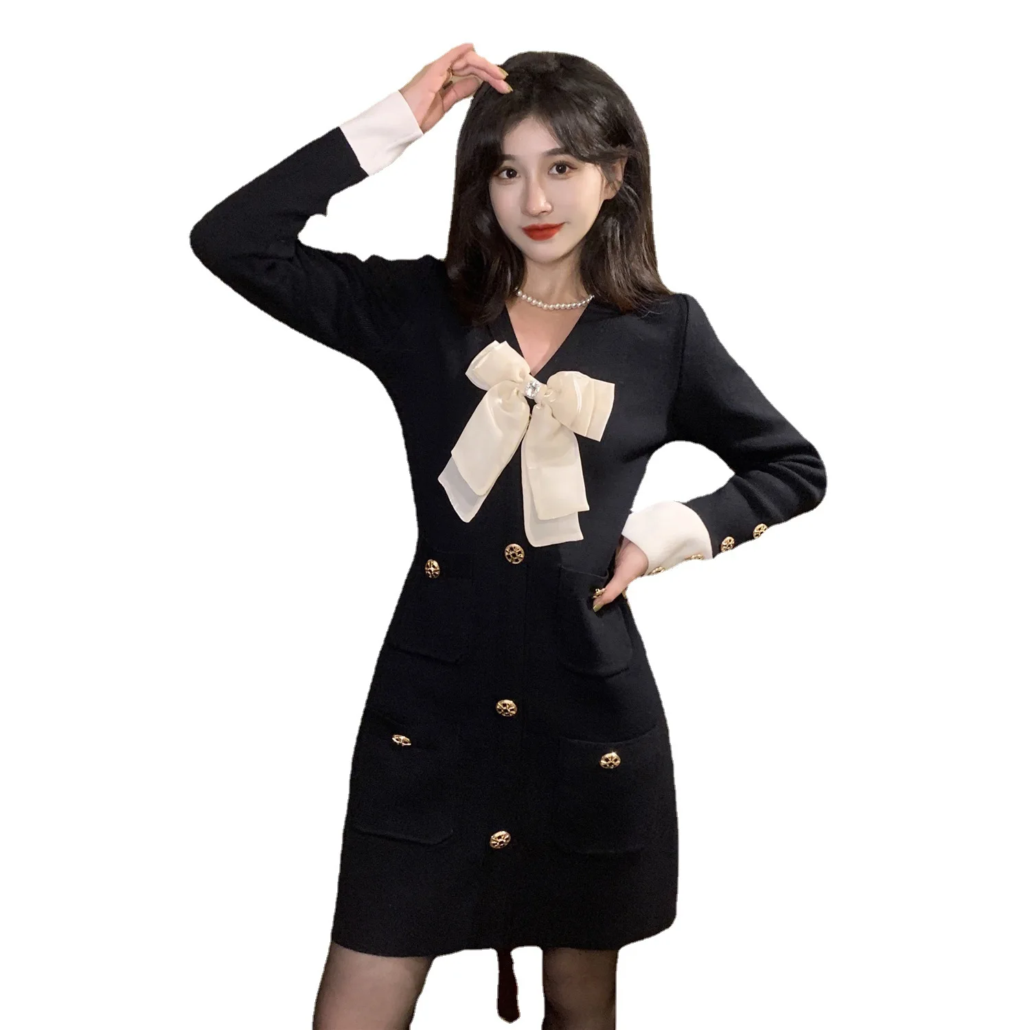 

Small Fragrance Autumn and Winter Women's Bow Knitted Skirt Women's French Design Annual Meeting Skirt