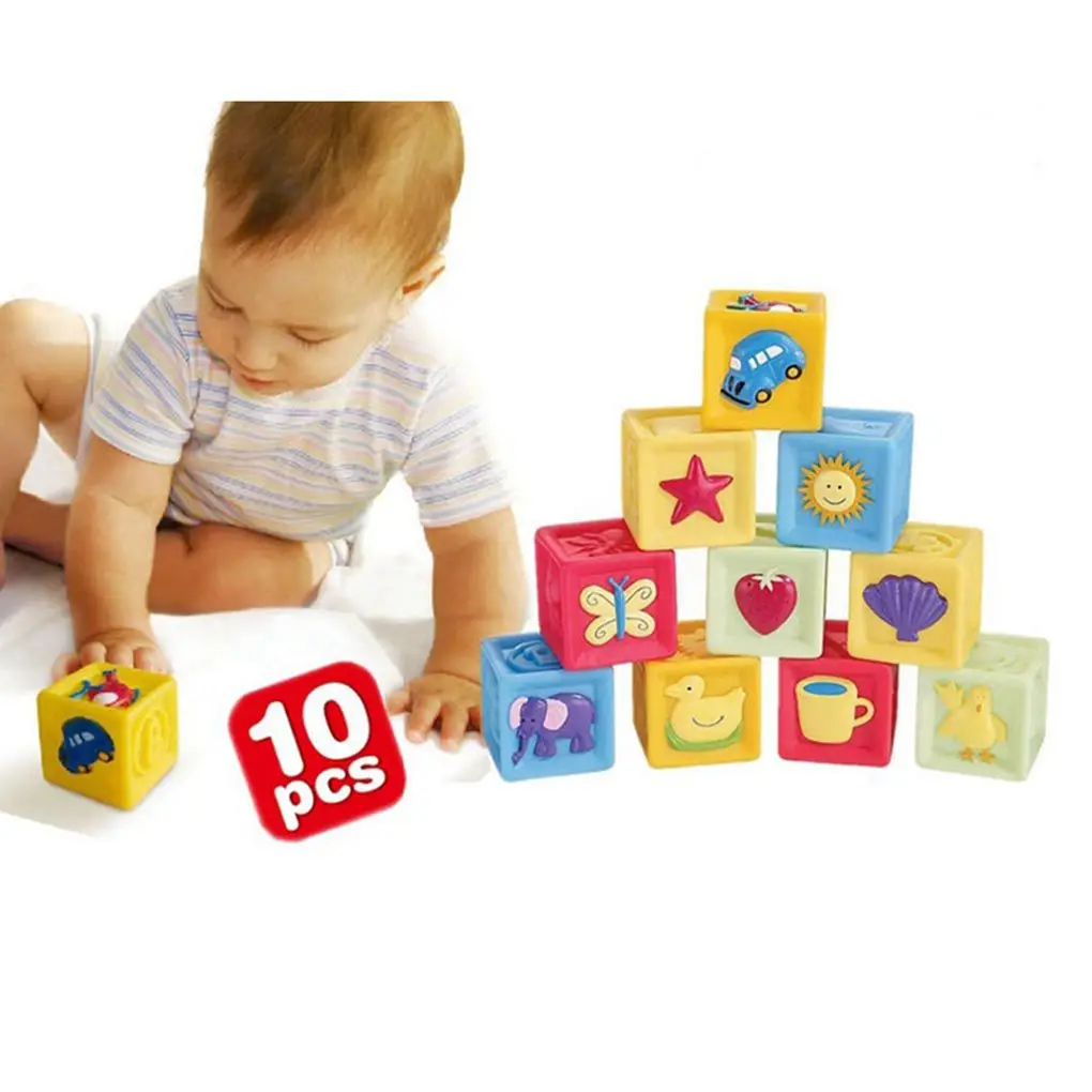 

10PCS/Set Baby Blocks Toys Non-toxic Soft Plastic Cartoon Cube Building Children Educational Soft Rubber Blocks