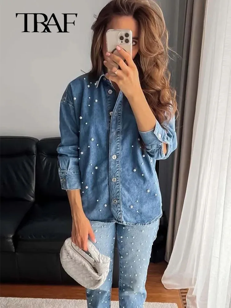 

TRAF Women Denim Shirts 2023 Fashion Faux Pearls Long Shirt Woman Collar Button Female Long Sleeve Shirts Tops