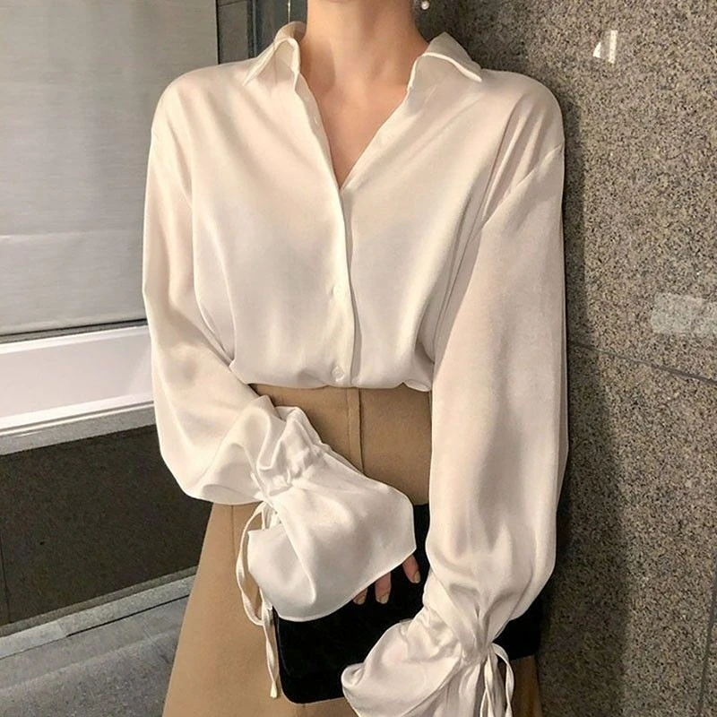 

Блузка DUOFAN женская шифоновая на завязках, элегантная однотонная модная шикарная рубашка с расклешенными рукавами, уличная одежда в стиле ретро