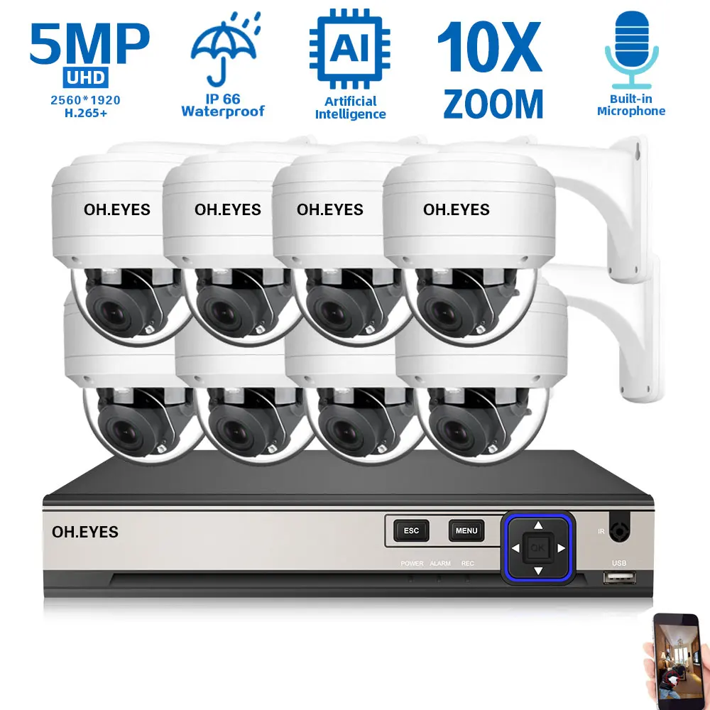 

IP POE 5MP PTZ Security Camera Kit 8CH 4K NVR System 10X Zoom CCTV Monitoring Cam Set POE Dome Camera Video Surveillance Kit 4CH