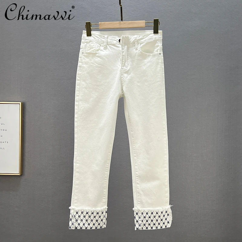 

White Jeans for Women 2022 Summer Clothes New High Waist Slimming European Style Fashion Rivet Flanging Straight-Leg Pants