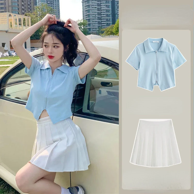

[Two Piece Set] Design Short Zipper Short-sleeved T-shirt Top + Student High-waist Pleated A-line Skirt Suit Female Summer