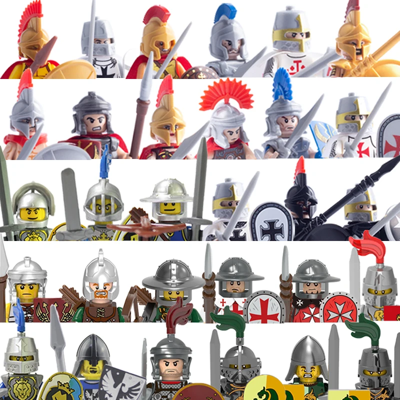

Medieval Military Roman Soldiers Figures Sets Building Blocks Castle Knights Weapons Sword Helmets Warfare Warrior Bricks Toys