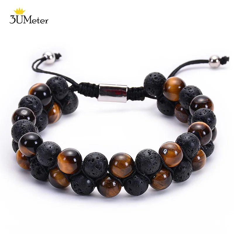 

3UMeter Handmade Braided Black Lava Stone Bracelet Double Row Tiger Eyes Bracelet 7 Chakra Beads Bangle Yoga Jewelry Gift Unisex