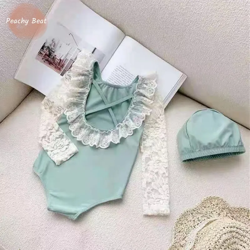 

Baby Girl Swim Suit Infant Toddler Swimsuit Jumpsuit+Cap 2PCS Lace Swimwear Sleeveless Bathing Suit Summer Swim Clothes 1-5Y