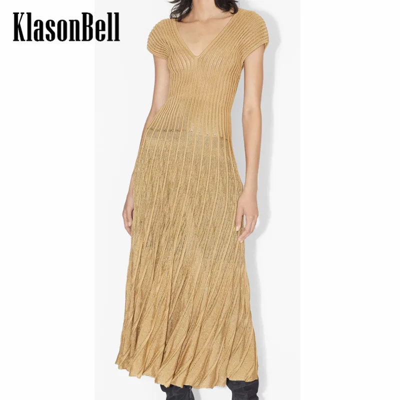 

8.14 KlasonBell Fashion Vintage HolloW Out Knitted Jacquard V-Neck Sleeveless Pleated Midi Dress Women