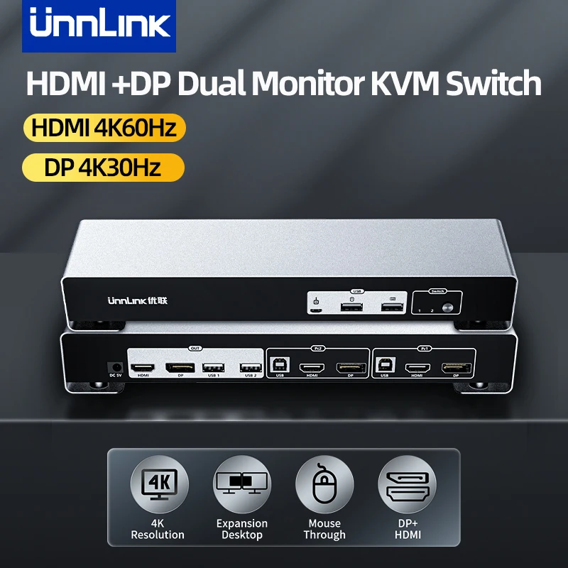 Unnlink 4K HDMI+DP Dual Monitor KVM Switch 2x2 Sharing 4 USB For Mouse Keyboard Printer Udisk