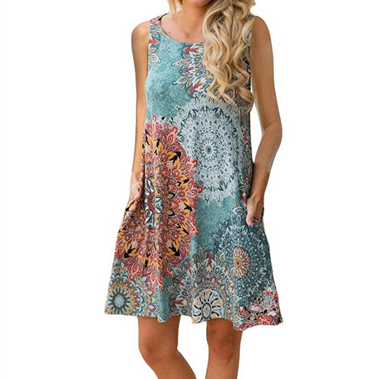 

Loose Beach Summer Daily Above Knee Vacation Crew Neck Polyester With Pockets Soft Sleeveless Casual Floral Printed Women Dress