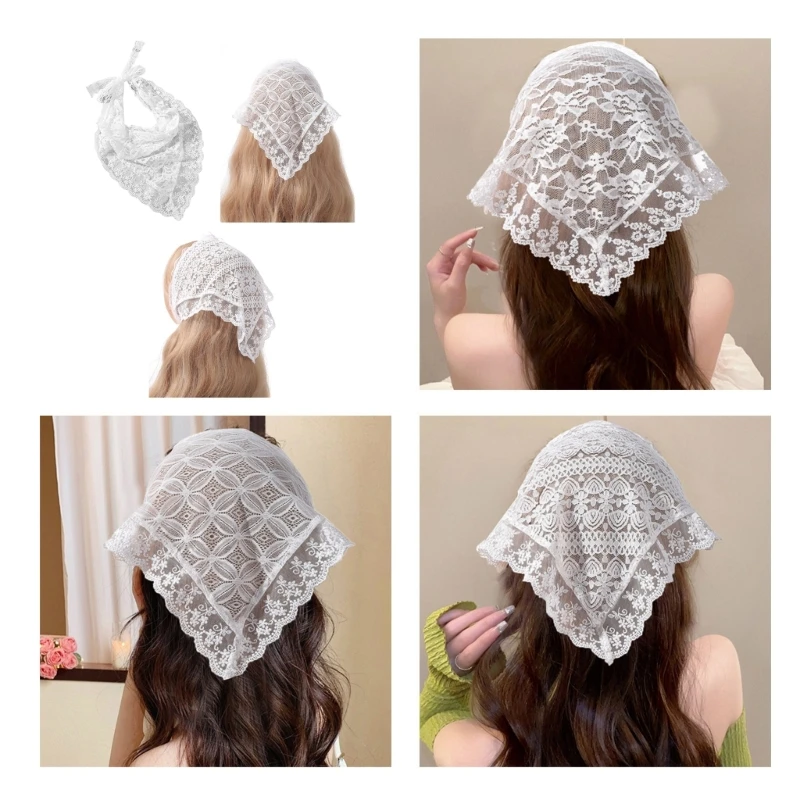 

Lovely Lace Bandana Sheer Hair Kerchief Tie Back Headwrap Flower Pattern Breathable Turban for Girls Photo Props Dropship
