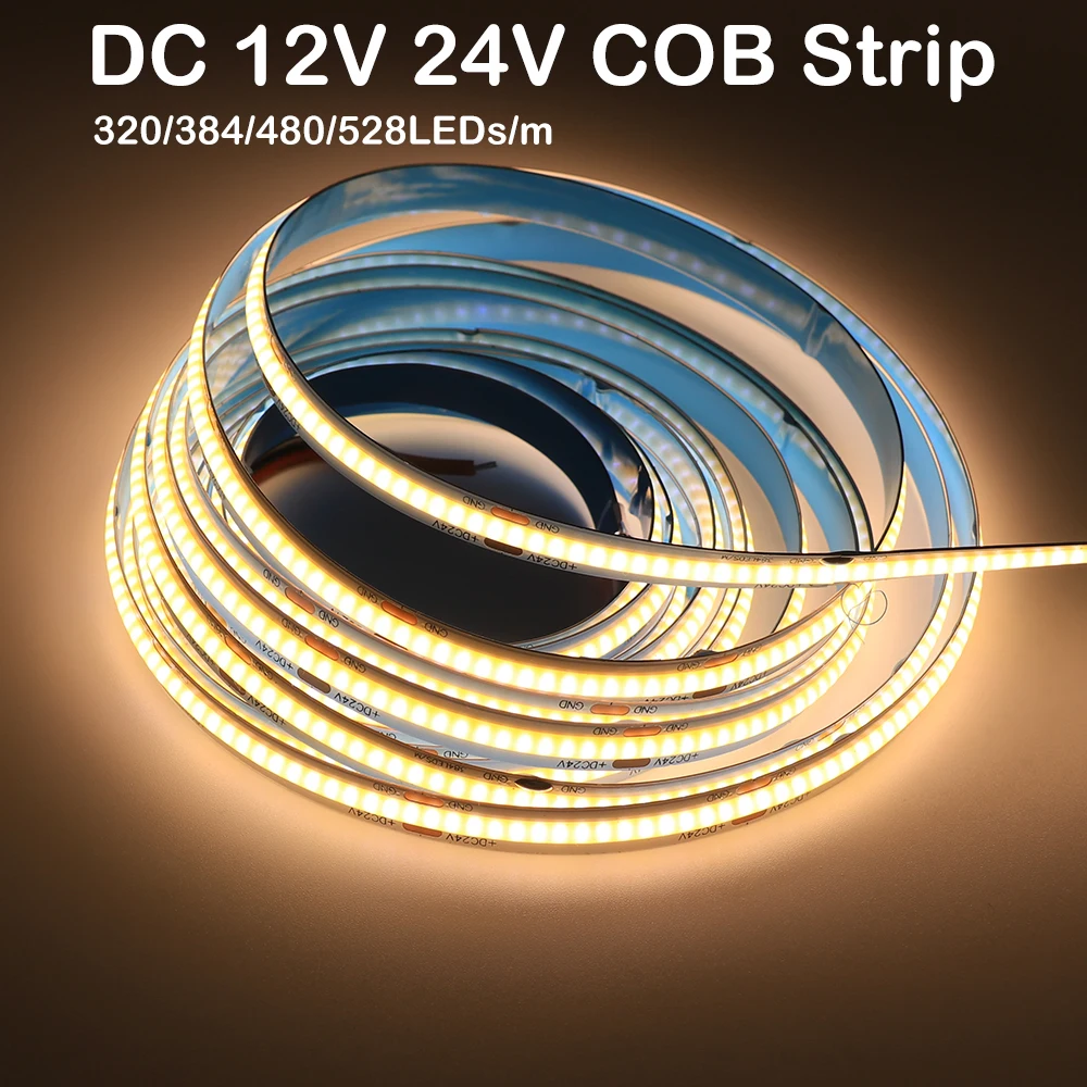 Светодиодная лента COB постоянного тока 12 В, 24 В, 320, 384, 480 светодиодов/м, яркая холодная/естественная/теплая белая светодиодная лента RA90, 5 м