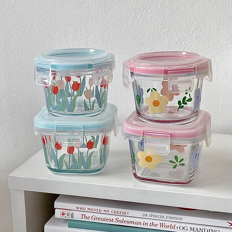 

Ins Floral Print Food Storage Container Mini Glass Sealed Bowl Lunch Box Food Supplement Bowl Seal Leak Proof Fresh-keeping Bowl