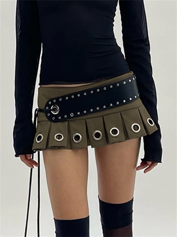

Gothic Dark Punk Style Eyelet Sexy Micro Skirts Cyber 2023 Y2k Low Waist Mini Skirt Pleated Streetwear Bottoms With Lace Up Belt