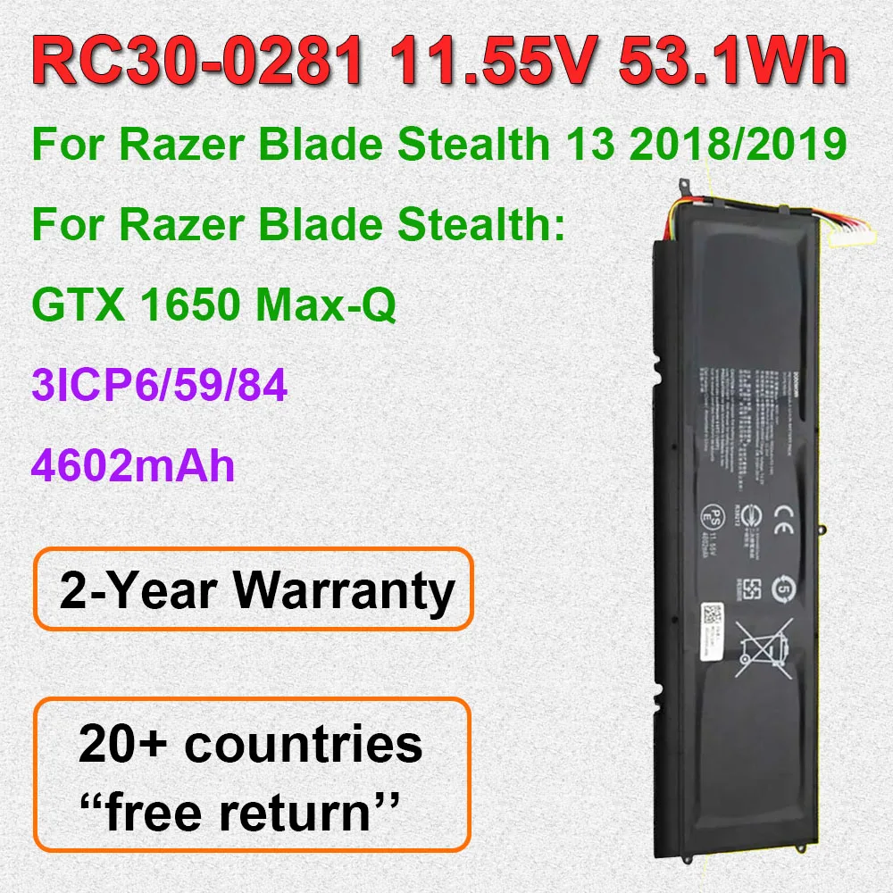 Фото RC30-0281 Перезаряжаемая батарея для ноутбука Razer Blade Stealth 13 2018 2019/GTX 1650 Max-Q/ i7-8565U 3ICP6/59/84 11.55V 53.1Wh №1