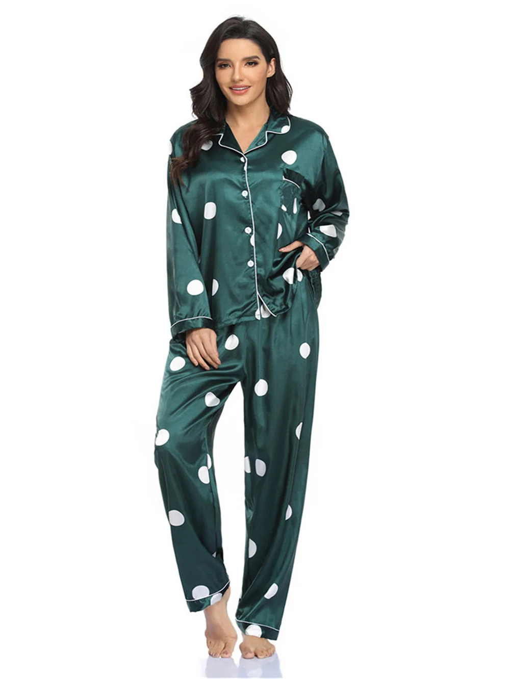 Women Pajamas Set Print Dots Button Down Sleepwear Long Sleeve Nightwear Pants Loungewear Sexy Lingerie Nightwear Satin Leisure