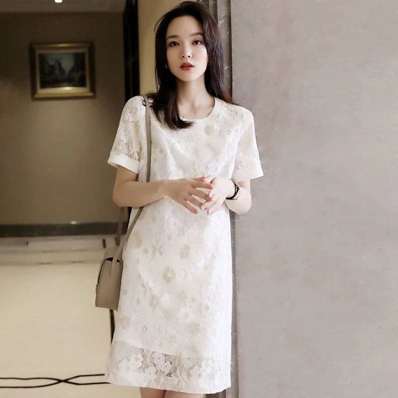 

Mid Long Lace White Dress Woman Slim Loose Short Sleeve Straight Skirt Summer Dresses Office Lady Elegant Holiday Chic Clothing