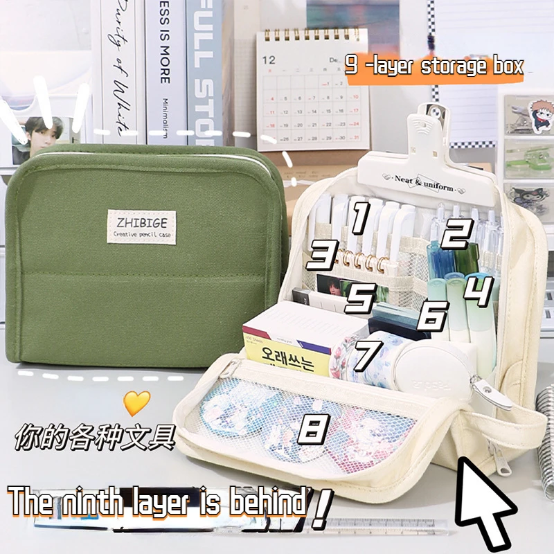 

Large Capacity Pencil Bag Double-layer Pencil Bag Multi-Function Portable Stationery Box Simple Pencil Case Korea School Supplie