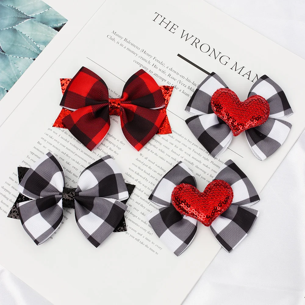 

3.5" Plaid Bow Hair Clips Glitter Heart Hairpin Children Kids Cute Barrettes Classic Wild Hair Grips Fashion Hair Accessories