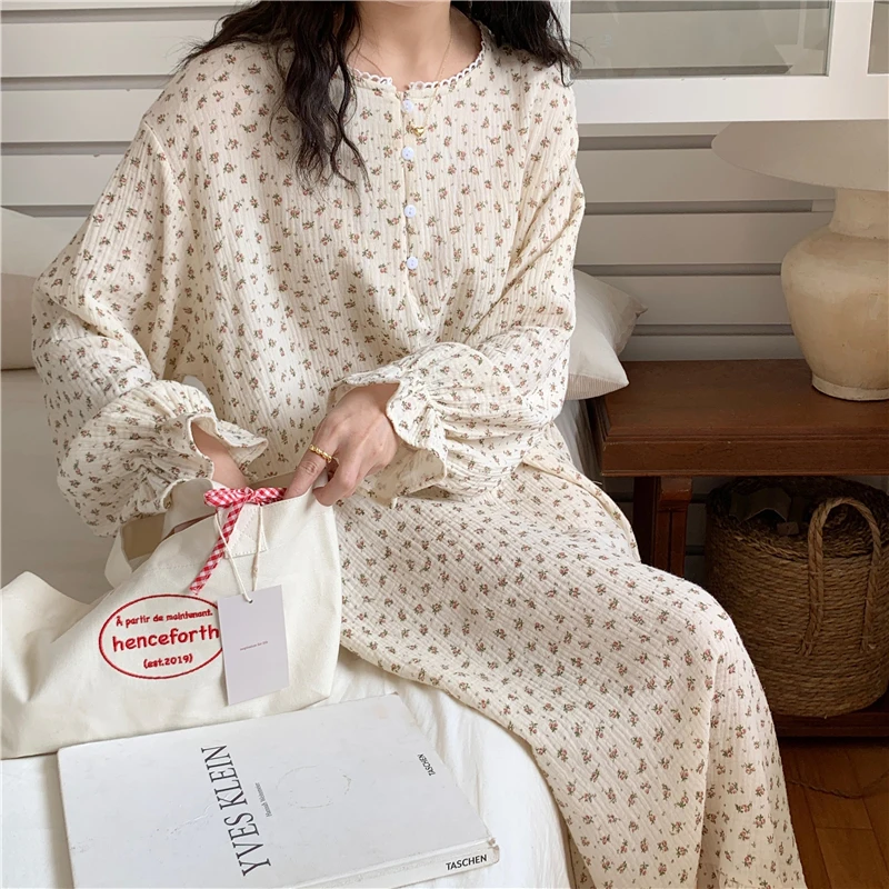 

Floral Print Korean Spring Nightgown Women O-Neck Buttons 100% Cotton Long Sleepwear Sweet Casual Nightdress Ins Homewear